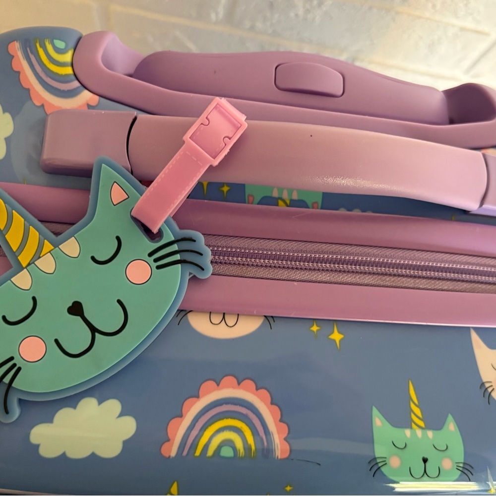 Kids Unicorn Cat Rainbow Print Rolling Suitcase - Blue & Purple - Picture 4 of 10